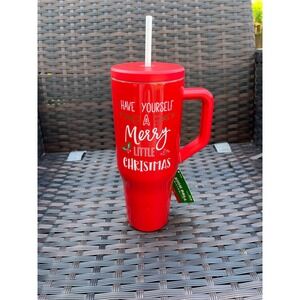 Sleigh Bell Bistro Red Christmas Tumbler With Handle & Straw 31oz‎ New